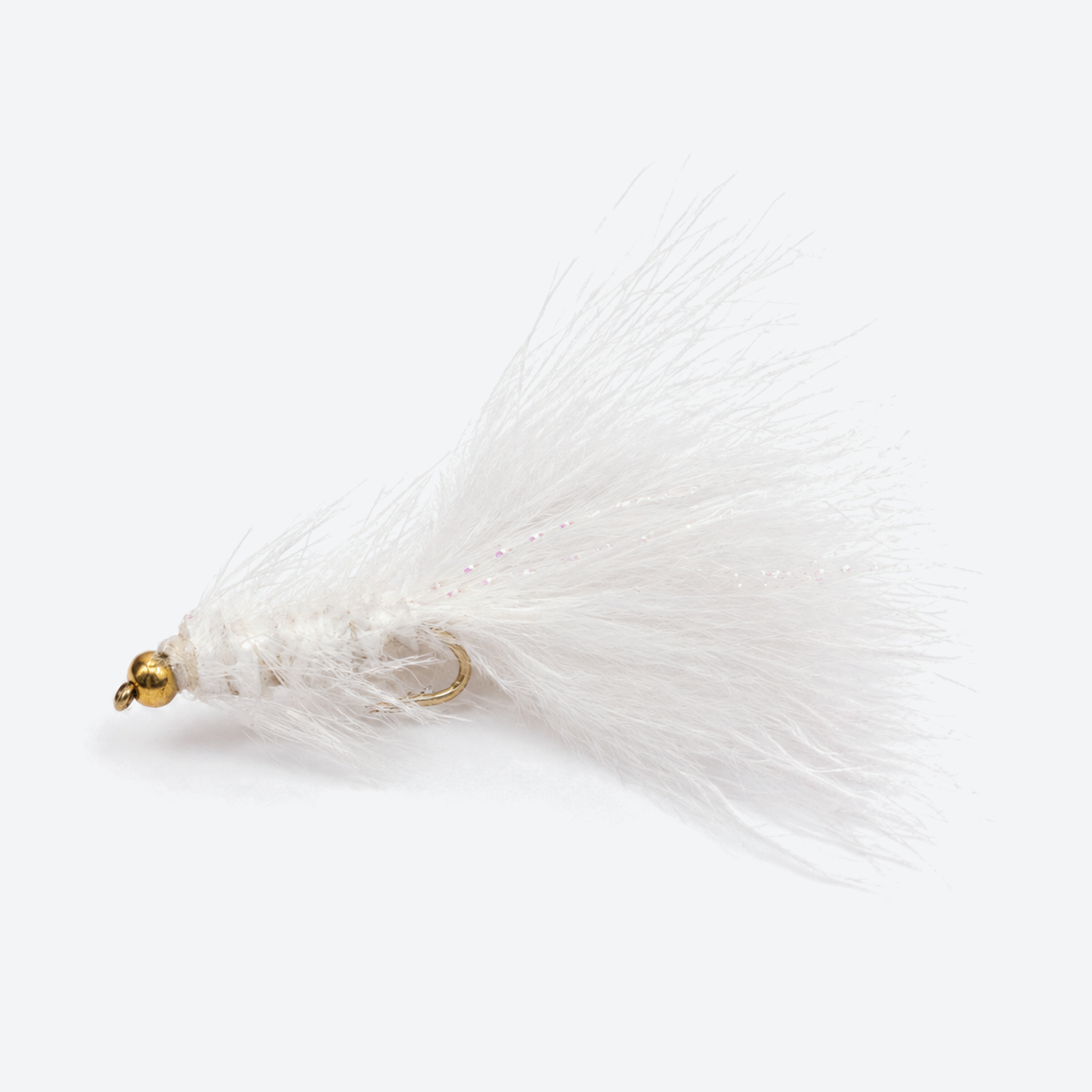 Woolly bugger white fly on a pale studio background